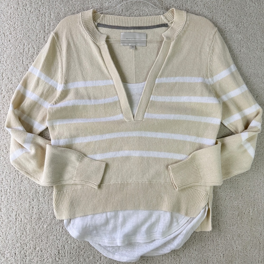 Brochu Walker Roan Layered Henley Women XS Beige White Striped Cotton Linen